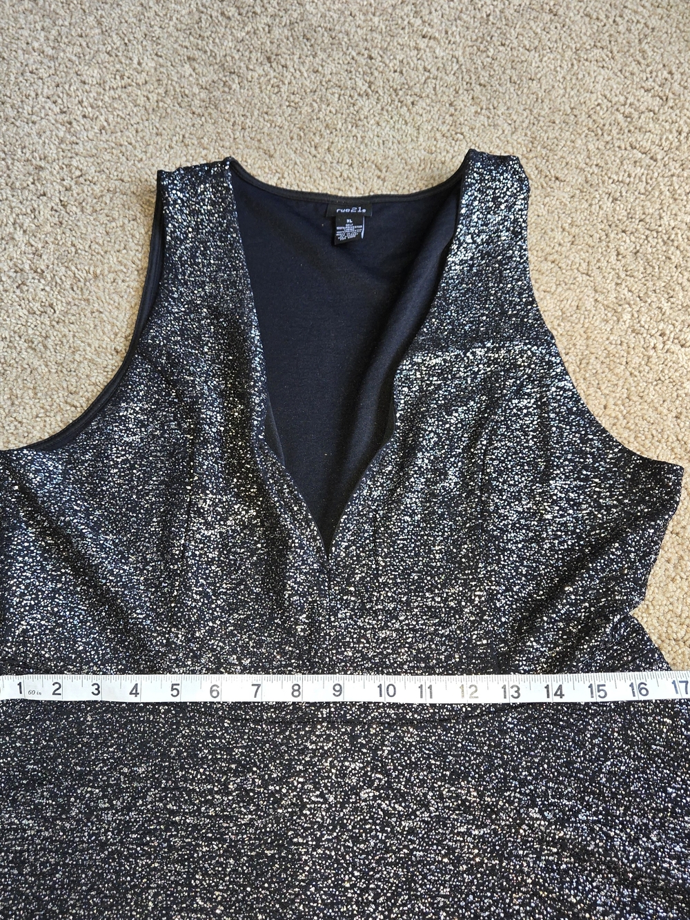 Rue21 Metallic Glitter Skater Dress XL Silver Black Deep V-Neck Mini Party - Picture 4 of 8